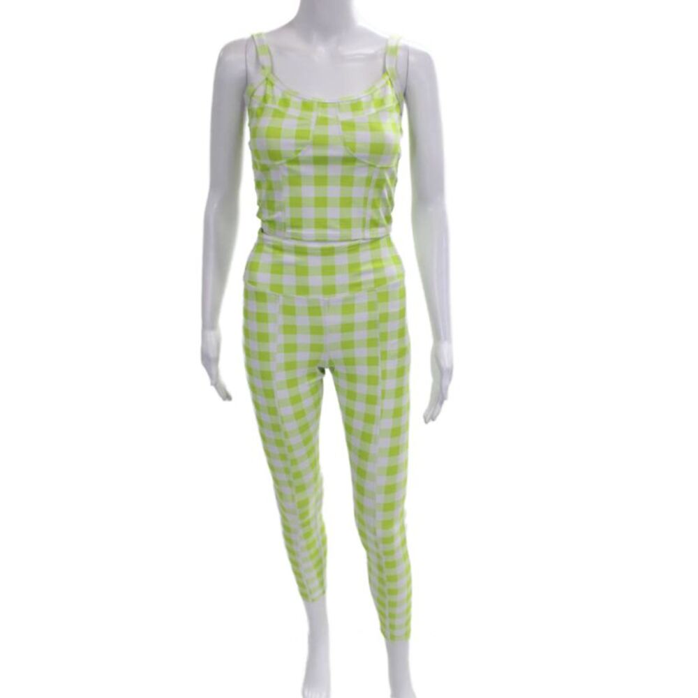 Year Of Ours Womens Green Check Square Neck Sleeveless Leggings Size S